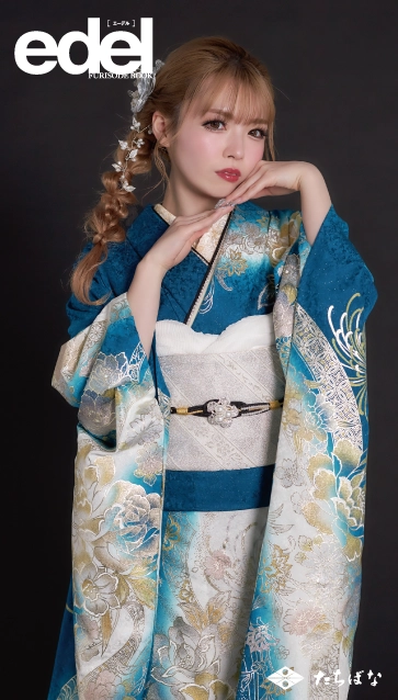 “Edel×古川結菜（ゆいちゃみ）”の振袖-青｜成人記念の新作振袖ご紹介　E-607