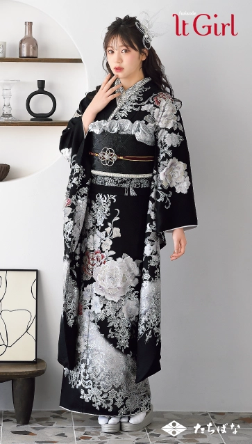 モノトーン系黒グレー■振袖6点セット156.5cm帯新品フルセット成人式GT25 代田萌花ちゃん”着用の振袖-黒｜成人記念の新作振袖ご紹介
