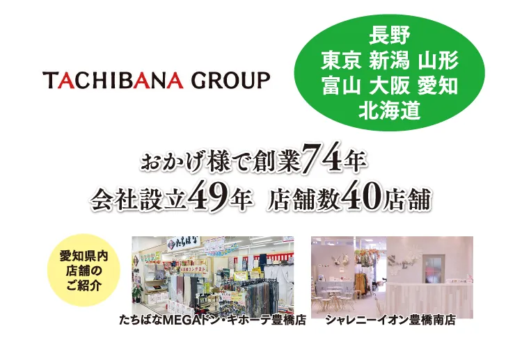 愛知県大府市に新規OPENの着物専門店｜きものたちばなリソラ大府店＿グランドオープン特価チラシ展示販売会　信頼と安心のたちばなグループについて簡単な説明